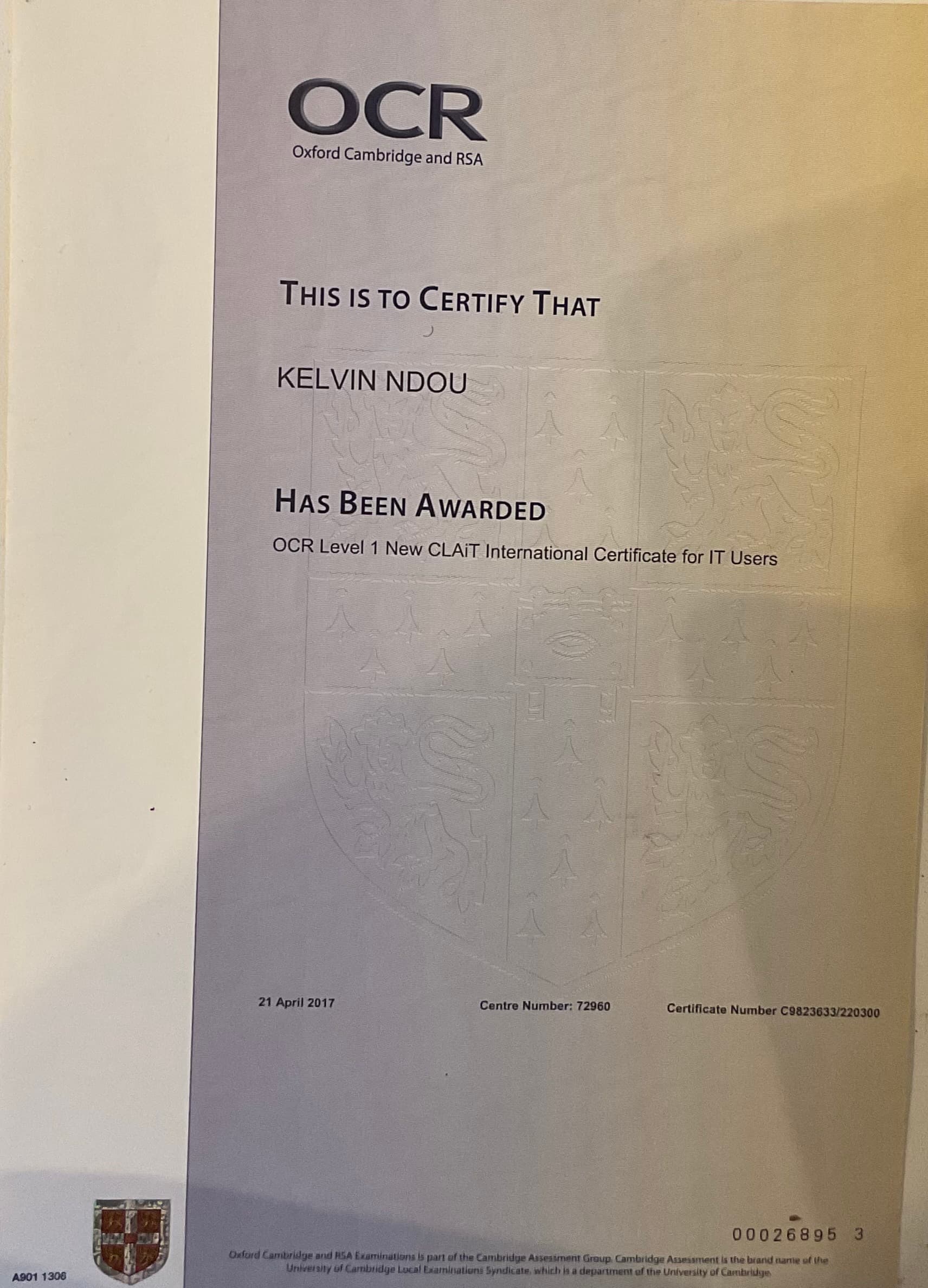 OCR Level 1 New CLAIT INTERNATIONAL - Certificate 1