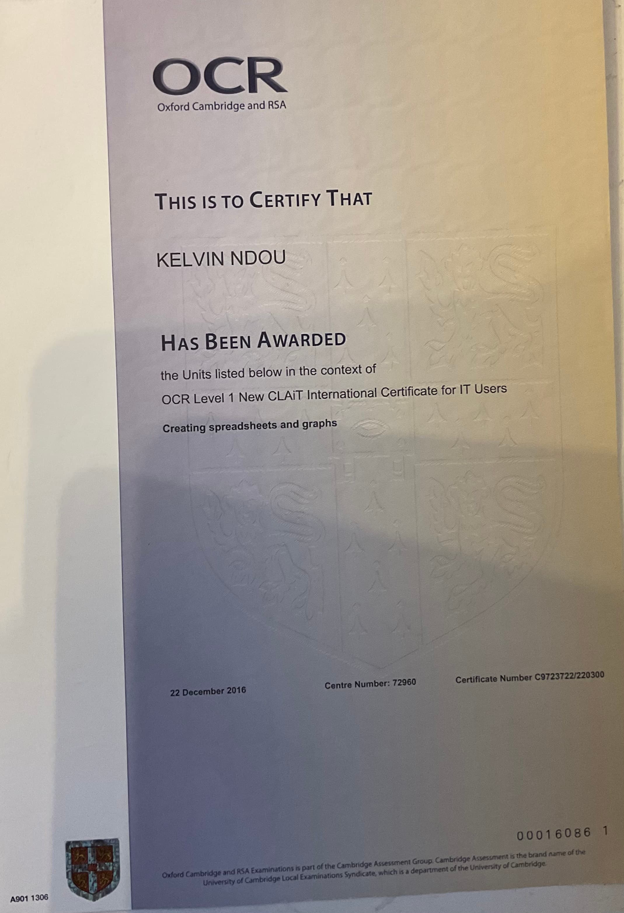 OCR Level 1 New CLAIT INTERNATIONAL - Certificate 2